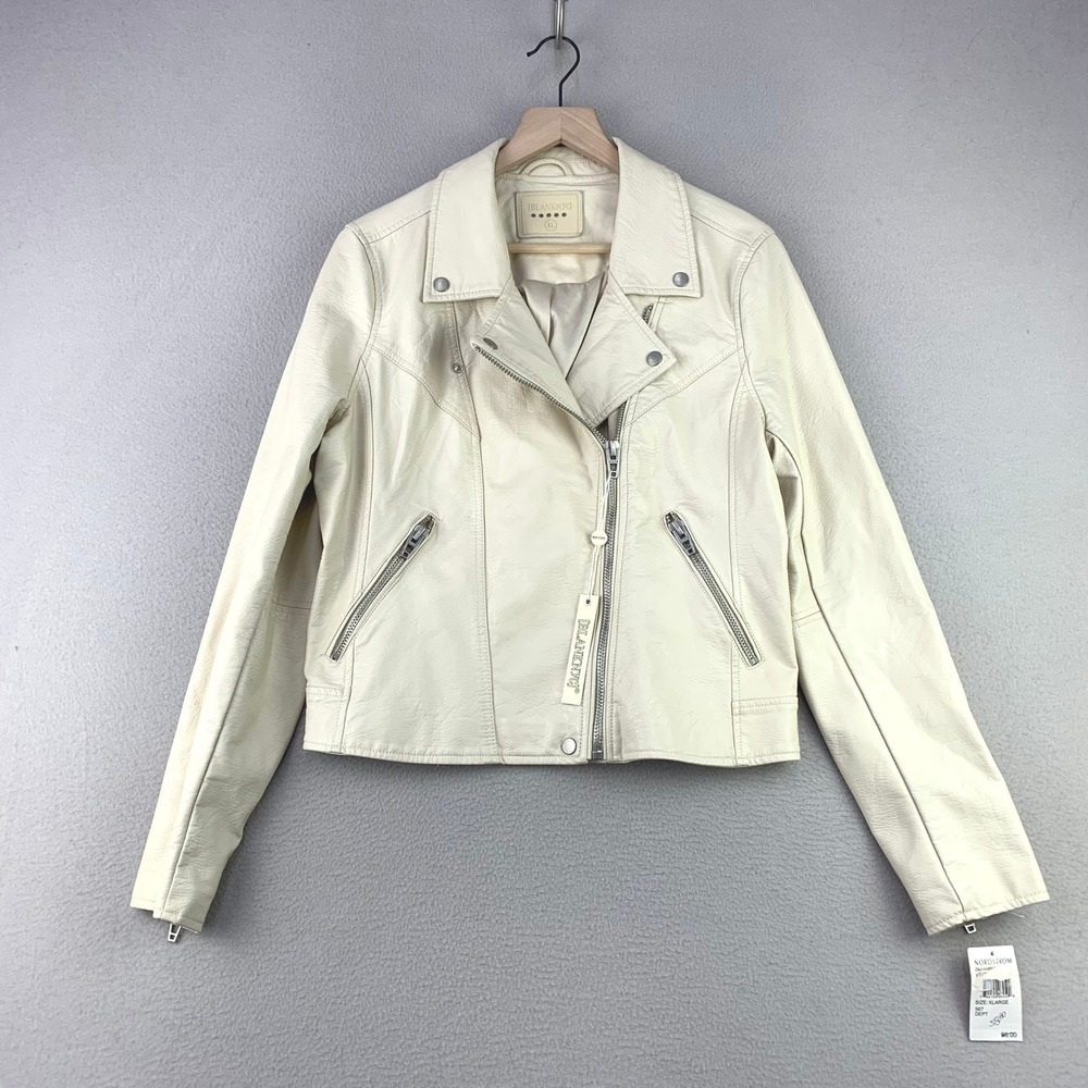 BLANKNYC Faux Leather Moto Jacket Womens XL Cream Biker Asymmetric Zip NWT